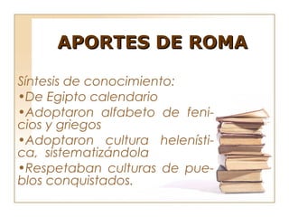 APORTES DE ROMA

Síntesis de conocimiento:
•De Egipto calendario
•Adoptaron alfabeto de feni-
cios y griegos
•Adoptaron cultura helenísti-
ca, sistematizándola
•Respetaban culturas de pue-
blos conquistados.
 