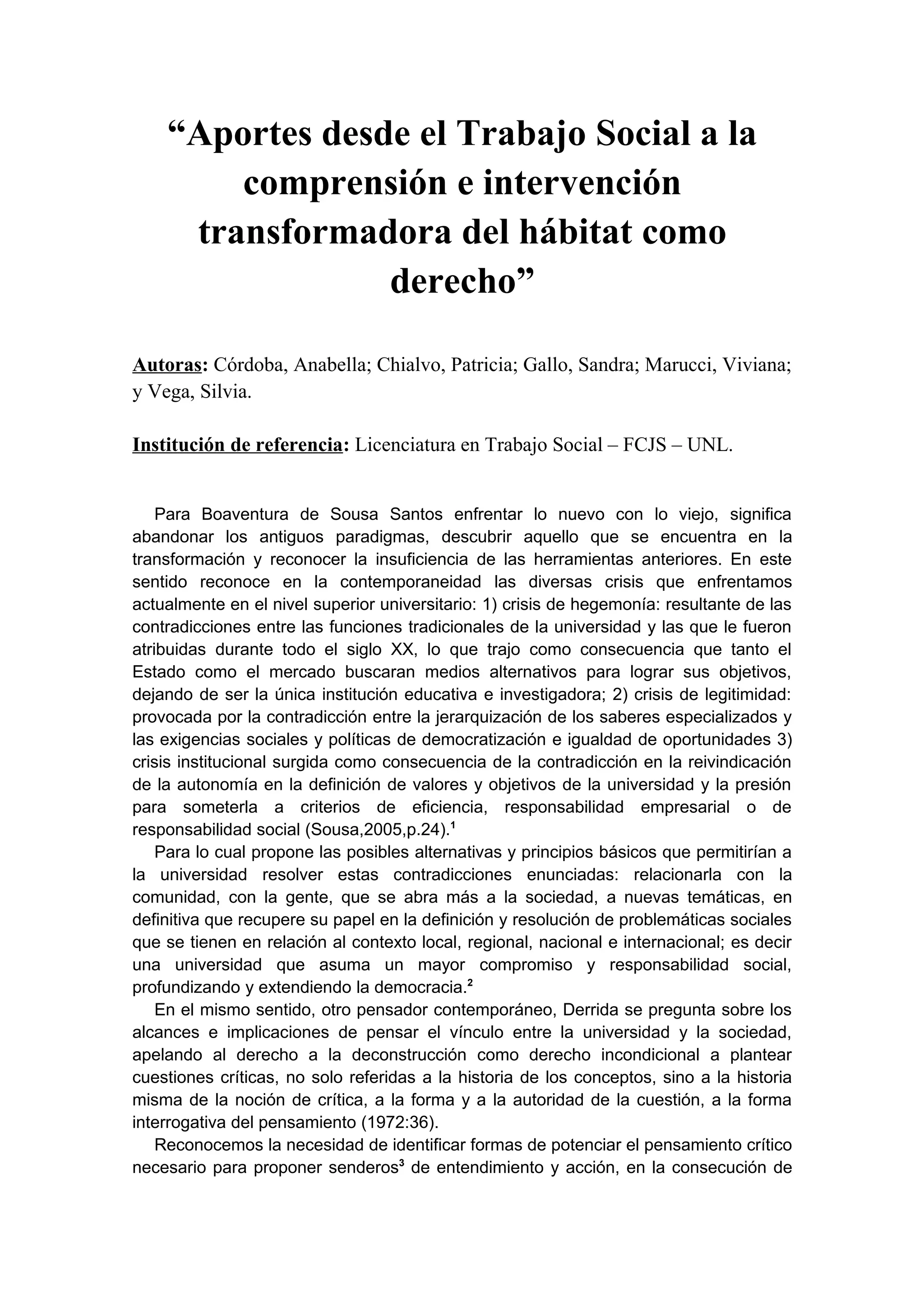 Aportes a la comprensión e intervención transformadora del hábitat como