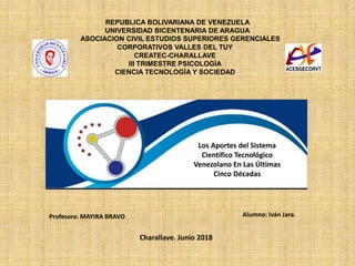 REPUBLICA BOLIVARIANA DE VENEZUELA
UNIVERSIDAD BICENTENARIA DE ARAGUA
ASOCIACION CIVIL ESTUDIOS SUPERIORES GERENCIALES
CORPORATIVOS VALLES DEL TUY
CREATEC-CHARALLAVE
III TRIMESTRE PSICOLOGÌA
CIENCIA TECNOLOGÌA Y SOCIEDAD
Alumno: Iván Jara.
Los Aportes del Sistema
Científico Tecnológico
Venezolano En Las Últimas
Cinco Décadas
Profesora: MAYIRA BRAVO
Charallave. Junio 2018
 