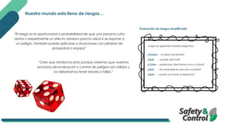 Nuestro mundo esta lleno de riesgos…
“El riesgo es la oportunidad o probabilidad de que una persona sufra
daños o experimente un efecto adverso para la salud si se expone a
un peligro. También puede aplicarse a situaciones con pérdida de
propiedad o equipo”
“Creo que olvidamos esto porque creemos que nuestros
procesos de evaluación y control de peligros son sólidos y
no deberíamos tener errores o fallos.”
Evaluación de riesgos simplificada
Haga las siguientes simples preguntas:
¿Porque – Lo estoy haciendo?
¿Qué – puede salir mal?
¿Cómo – podría eso afectarme a mi o a otros?
¿Qué – tan probable es que esto suceda?
¿Qué – puedo yo hacer al respecto?
 