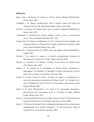 Bibliografía 
Barros, Pena y Siminovich. El informe en Servicio Social. Editorial HUMANITAS, 
130 
Buenos Aires, 1980. 
Carballeda, J. M. Algunas consideraciones sobre el Registro dentro del Campo del 
Trabajo Social. En: Pág. Web Revista Margen. Buenos Aires, 2000. 
CELATS: La práctica del Trabajo Social. Guía de análisis. Editorial HVUMANITAS, 
Buenos Aires, 1992. 
Campagnoli, S. Develando una relación compleja: servicio social y su instrumental 
técnico. Tesis de maestría. São Paulo, PUC, 1993. 
Consejo Gral. de Colegios de Diplomados en TS y Asistentes Sociales (España): Dos 
documentos básicos en Trabajo Social. Estudio de aplicación del informe y ficha 
social. Espacio Editorial, Buenos Aires, 2003. 
Cubero, M. C. El informe Social. En: WWW. asfarv.org/ pagines/ nde hoy-idoneidad.doc. 
España, 1999. 
Elizalde, C. Los registros de campo en la práctica pre-profesional. Seminario de 
Sistematización. Carrera de T. S UBA. Tandil, octubre de 2004. 
Facciuto, A. y González, S. El informe en Trabajo Social. Carrera de Trabajo Social 
UBA. Buenos Aires. 2005. 
Faleiros, V. “La cuestión de la metodología en Servicio Social: reproducirse y 
representarse”. En: Montaño. C y Borgianni. E (Orgs.): Metodología y Servicio 
Social. Hoy en debate. Cortez Editora, São Paulo, 2000. 
Fuentes, P. “Lo que el viento no se llevó... El registro de campo y su importancia en el 
proceso de intervención profesional del Trabajo Social”. En: Escalada, M, y 
otras: El Diagnóstico Social, Proceso de Conocimiento e Intervención Social, 
Espacio Editorial, 2001. 
Guber, R. El salvaje Metropolitano. A la vuelta de la Antropología Posmoderna. 
Reconstrucción del conocimiento social en el trabajo de campo. Editorial 
Legaza. Buenos Aires, 1991. 
Guerra, Y. Instrumentalidad del proceso de trabajo y Servicio Social. En: Revista Servicio 
Social & Sociedad Nº 62, Cortez Editora, São Paulo, marzo de 2000. 
Guerra, Y. El Proyecto Profesional Crítico: estrategia de enfrentamiento de las condiciones 
contemporáneas de la práctica profesional. En: Revista Servicio Social & 
Sociedad Nº 91, Cortez Editora, São Paulo, 2007. 
 