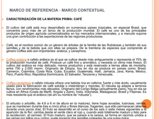 MARCO DE REFERENCIA - MARCO CONTEXTUAL

   CARACTERIZACIÓN DE LA MATERIA PRIMA: CAFÉ

   El cultivo del café está muy desarrollado en numerosos países tropicales, en especial Brasil, que
    concentra poco más de un tercio de la producción mundial. El café es uno de los principales
    productos de origen agrícola comercializados en los mercados internacionales, y a menudo supone
    una gran contribución a las exportaciones de las regiones productoras.

   Café, es el nombre común de un género de árboles de la familia de las Rubiáceas y también de sus
    semillas y de la bebida que con ellas se prepara. De la treintena de especies que comprende el
    género Coffea sólo son importantes: arabica, y canephora.

   Coffea arabica o cafeto arábica es el que se cultiva desde más antiguamente y representa el 75% de
    la producción mundial de café. Produce un café fino y aromático, y necesita un clima más fresco. El
    cultivo del arabica es más delicado, menos productivo y está reservado a tierras altas de montaña,
    entre 700 y 2.000 msnm. Originario de Etiopía, hoy en día se produce en países como: Brasil,
    Camerún, Colombia, Costa Rica, Cuba, Ecuador, Guatemala, Haití, Jamaica, Java, Kenia, México,
    Perú, Puerto Rico, República Dominicana, El Salvador, Tanzania y Venezuela.

   Coffea canephora o cafeto robusta ofrece una bebida rica en cafeína; fuerte y más ácido, usualmente
    usado para la fabricación de café soluble o instantáneo y mezclas. El robusta se adapta a terrenos
    llanos, con rendimientos más elevados. Originario del Congo Belga (actualmente Zaire), hoy en día se
    cultiva en África (Costa de Marfil, Angola y Zaire), India, Indonesia, Madagascar, Brasil y Filipinas. Es
    más resistente que el arábico (de ahí su nombre de “robusta”).

   El arbusto o arbolillo, de 4,6 a 6 m de altura en la madurez, tiene hojas aovadas, lustrosas, verdes,
    que se mantienen durante tres a cinco años y flores blancas, fragantes, que sólo permanecen abiertas
    durante unos pocos días. El fruto se desarrolla en el curso de los seis o siete meses siguientes a la
    aparición de la flor; cambia desde el verde claro al rojo y, cuando está totalmente maduro y listo para
    la recolección, al carmesí. El fruto maduro, que se parece a la cereza, se forma en racimos unidos a
 