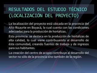 RESULTADOS DEL ESTUDIO TÉCNICO
(LOCALIZACIÓN DEL PROYECTO)
La localización del proyecto está ubicada en la provincia del
Alto Ricaurte en Boyacá, la cual cuenta con las condiciones
adecuadas para la producción de hortalizas.
Esta provincia se destaca en la producción de hortalizas de
alta calidad, lo cual viene contribuyendo al desarrollo de
ésta comunidad, creando fuentes de trabajo y de ingresos
para sus habitantes.
La creación del centro de acopio contribuye al desarrollo del
sector no sólo de la provincia sino también de la región.

 