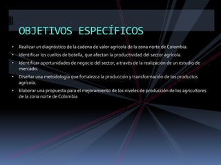 OBJETIVOS ESPECÍFICOS
•

Realizar un diagnóstico de la cadena de valor agrícola de la zona norte de Colombia.

•

Identificar los cuellos de botella, que afectan la productividad del sector agrícola.

•

Identificar oportunidades de negocio del sector, a través de la realización de un estudio de
mercado.

•

Diseñar una metodología que fortalezca la producción y transformación de los productos
agrícola.

•

Elaborar una propuesta para el mejoramiento de los niveles de producción de los agricultores
de la zona norte de Colombia

 