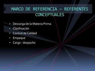 MARCO DE REFERENCIA – REFERENTES
CONCEPTUALES
• Descarga de la Materia Prima
• Clasificación
• Control de Calidad
• Empaque
• Carga - despacho

 