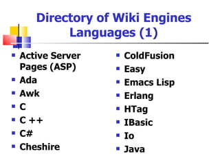 Directory of Wiki Engines
            Languages (1)
   Active Server      ColdFusion
    Pages (ASP)        Easy
   Ada                Emacs Lisp
   Awk                Erlang
   C                  HTag
   C ++               IBasic
   C#                 Io
   Cheshire           Java
 