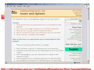 PmWiki




http://wiki.tertiary.govt.nz/~InstitutionalRepositories/Main/IssuesAndOptions
 