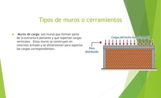 Tipos de muros o cerramientos
 Muros de carga: son muros que forman parte
de la estructura portante y que soportan cargas
verticales. Estos muros se construyen en
concreto armado y se dimensionan para soportar
las cargas correspondientes.
 