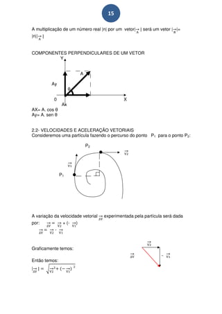 15

A multiplicação de um número real |n| por um vetor|     será um vetor | |=
|n||


COMPONENTES PERPENDICULARES DE UM VETOR
         Y


                             A

          Ay
                     θ

           0                                   X
                Ax
AX= A. cos θ
Ay= A. sen θ


2.2- VELOCIDADES E ACELERAÇÃO VETORIAIS
Consideremos uma partícula fazendo o percurso do ponto P1 para o ponto P2:

                                 P2




               P1




A variação da velocidade vetorial     experimentada pela partícula será dada
por:            + (-     )
           -



Graficamente temos:

Então temos:
|
 