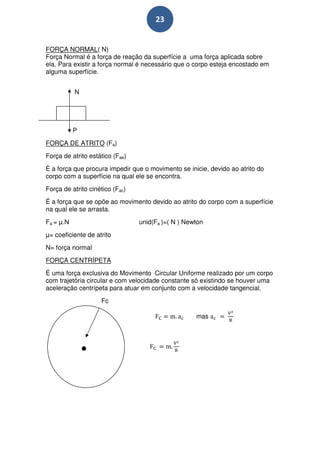 23


FORÇA NORMAL( N)
Força Normal é a força de reação da superfície a uma força aplicada sobre
ela. Para existir a força normal é necessário que o corpo esteja encostado em
alguma superfície.


           N




           P
FORÇA DE ATRITO (Fa)
Força de atrito estático (Fae)
È a força que procura impedir que o movimento se inicie, devido ao atrito do
corpo com a superfície na qual ele se encontra.
Força de atrito cinético (Fac)
É a força que se opõe ao movimento devido ao atrito do corpo com a superfície
na qual ele se arrasta.
Fa = µ.N                         unid(Fa )=( N ) Newton
µ= coeficiente de atrito
N= força normal
FORÇA CENTRÍPETA
É uma força exclusiva do Movimento Circular Uniforme realizado por um corpo
com trajetória circular e com velocidade constante só existindo se houver uma
aceleração centrípeta para atuar em conjunto com a velocidade tangencial.
                    Fc

                                                    mas
 