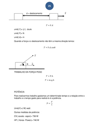 25

              d = deslocamento




unid( )= (J ) Joule
unid( F)= N
unid( d)= m
Quando a força e o deslocamento não têm a mesma direção temos:




              θ


TRABALHO DA FORÇA PESO




POTÊNCIA
Para realizarmos trabalho gastamos um determinado tempo e a relação entre o
trabalho e o tempo gasto para realizá-lo é a potência.




Unid( )=( W) watt
Outras medidas de potência:
CV( cavalo- vapor)= 736 W
HP ( Horse- Power)= 746 W
 