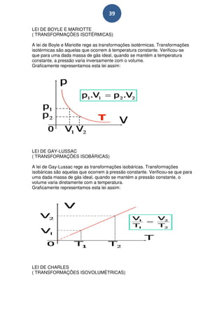 39

LEI DE BOYLE E MARIOTTE
( TRANSFORMAÇÕES ISOTÉRMICAS)

A lei de Boyle e Mariotte rege as transformações isotérmicas. Transformações
isotérmicas são aquelas que ocorrem à temperatura constante. Verificou-se
que para uma dada massa de gás ideal, quando se mantém a temperatura
constante, a pressão varia inversamente com o volume.
Graficamente representamos esta lei assim:




LEI DE GAY-LUSSAC
( TRANSFORMAÇÕES ISOBÁRICAS)

A lei de Gay-Lussac rege as transformações isobáricas. Transformações
isobáricas são aquelas que ocorrem à pressão constante. Verificou-se que para
uma dada massa de gás ideal, quando se mantém a pressão constante, o
volume varia diretamente com a temperatura.
Graficamente representamos esta lei assim:




LEI DE CHARLES
( TRANSFORMAÇÕES ISOVOLUMÉTRICAS)
 