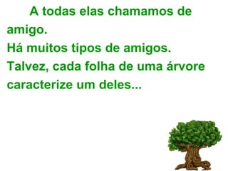 A todas elas chamamos de amigo. Há muitos tipos de amigos. Talvez, cada folha de uma árvore caracterize um deles... 
