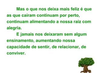 Mas o que nos deixa mais feliz é que as que caíram continuam por perto, continuam alimentando a nossa raiz com alegria. E jamais nos deixaram sem algum ensinamento, aumentando nossa capacidade de sentir, de relacionar, de conviver. 