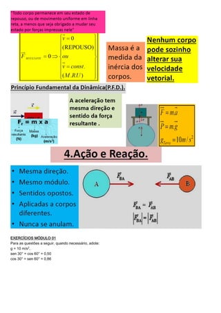 EXERCÍCIOS MÓDULO 01
Para as questões a seguir, quando necessário, adote:
g = 10 m/s£,
sen 30° = cos 60° = 0,50
cos 30° = sen 60° = 0,86
 