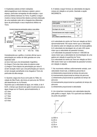 4. Explosões solares emitem radiações
eletromagnéticas muito intensas e ejetam, para o
espaço, partículas carregadas de alta energia, o que
provoca efeitos danosos na Terra. O gráfico a seguir
mostra o tempo transcorrido desde a primeira detecção
de uma explosão solar até a chegada dos diferentes
tipos de perturbação e seus respectivos efeitos na
Terra.
Considerando-se o gráfico, é correto afirmar que a
perturbação por ondas de rádio geradas em uma
explosão solar
a) dura mais que uma tempestade magnética.
b) chega à Terra dez dias antes do plasma solar.
c) chega à Terra depois da perturbação por raios X.
d) tem duração maior que a da perturbação por raios X.
e) tem duração semelhante à da chegada à Terra de
partículas de alta energia.
5. Quando a água da chuva corre pelo rio Tiête, na
cidade de São Paulo, ela inicia um percurso de 700 km
até desembocar no rio Paraná.
Supondo que a velocidade da água, em média, é de 4
km/h, o tempo que deverá ser gasto no percurso para a
água chegar ao rio Paraná, aproximadamente, é:
a) 5 dias
b) 6 dias
c) 7 dias
d) 8 dias
e) 9 dias
6. A tabela a seguir fornece as velocidades de alguns
corpos em relação a um ponto. Assinale a opção
INCORRETA.
a) A velocidade do centro da Terra em relação ao Sol é
aproximadamente 100 vezes menor que a velocidade
do sistema solar em relação ao centro de nossa galáxia.
b) A velocidade de decolagem de um jato é 80 vezes
maior que a velocidade da passada humana.
c) A velocidade da passada humana é 1.000.000 de
vezes maior que a velocidade de movimentação de uma
geleira em relação à superfície da Terra.
d) A velocidade do centro da Terra em relação ao Sol é
300 vezes maior que a velocidade da passada humana
em relação à calçada.
7. No movimento retilíneo uniformemente variado, com
velocidade inicial nula, a distância percorrida é:
a) diretamente proporcional ao tempo de percurso
b) inversamente proporcional ao tempo de percurso
c) diretamente proporcional ao quadrado do tempo de
percurso
d) inversamente proporcional ao quadrado do tempo de
percurso
e) diretamente proporcional à velocidade
8. Um móvel tem movimento com velocidade descrita
pelo gráfico a seguir. Após 10 s qual será sua distância
do ponto de partida?
a) 500 m
b) 20 m
c) 75 m
d) 25 m
e) 100 m
 