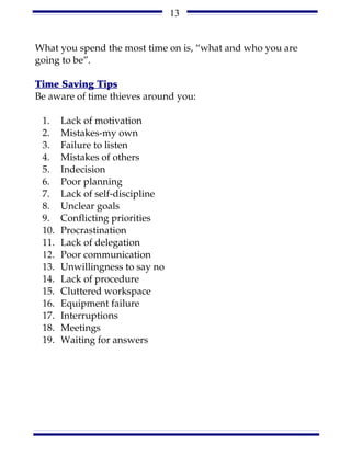 13


What you spend the most time on is, “what and who you are
going to be”.

Time Saving Tips
Be aware of time thieves around you:

 1.    Lack of motivation
 2.    Mistakes-my own
 3.    Failure to listen
 4.    Mistakes of others
 5.    Indecision
 6.    Poor planning
 7.    Lack of self-discipline
 8.    Unclear goals
 9.    Conflicting priorities
 10.   Procrastination
 11.   Lack of delegation
 12.   Poor communication
 13.   Unwillingness to say no
 14.   Lack of procedure
 15.   Cluttered workspace
 16.   Equipment failure
 17.   Interruptions
 18.   Meetings
 19.   Waiting for answers
 