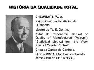 HISTÓRIA DA QUALIDADE TOTAL
SHEWHART, W. A.
Pai do Controle Estatístico da
Qualidade.
Mestre de W. E. Deming.
Autor de: "Economic Control of
Quality of Manufactured Product";
"Statistical Method from the View
Point of Quality Control".
Criou as Cartas de Controle.
O ciclo PDCA é também conhecido
como Ciclo de SHEWHART.
 