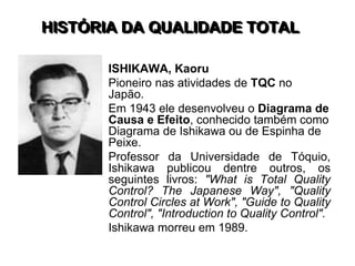 HISTÓRIA DA QUALIDADE TOTAL
ISHIKAWA, Kaoru
Pioneiro nas atividades de TQC no
Japão.
Em 1943 ele desenvolveu o Diagrama de
Causa e Efeito, conhecido também como
Diagrama de Ishikawa ou de Espinha de
Peixe.
Professor da Universidade de Tóquio,
Ishikawa publicou dentre outros, os
seguintes livros: "What is Total Quality
Control? The Japanese Way", "Quality
Control Circles at Work", "Guide to Quality
Control", "Introduction to Quality Control".
Ishikawa morreu em 1989.
 