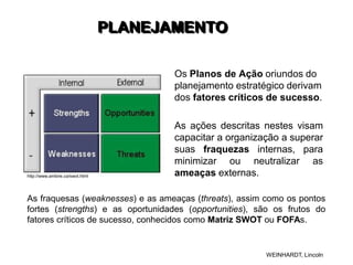 PLANEJAMENTO
Os Planos de Ação oriundos do
planejamento estratégico derivam
dos fatores críticos de sucesso.
As ações descritas nestes visam
capacitar a organização a superar
suas fraquezas internas, para
minimizar ou neutralizar as
ameaças externas.
WEINHARDT, Lincoln
As fraquesas (weaknesses) e as ameaças (threats), assim como os pontos
fortes (strengths) e as oportunidades (opportunities), são os frutos do
fatores críticos de sucesso, conhecidos como Matriz SWOT ou FOFAs.
http://www.ambire.ca/swot.html
 