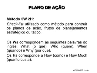 PLANO DE AÇÃO
Método 5W 2H:
Check-list utilizado como método para contruir
os planos de ação, frutos de planejamentos
estratégico ou tático.
Os Ws correspondem às seguintes palavras do
inglês: What (o quê), Who (quem), When
(quando) e Why (por que).
Os Hs corresponde a How (como) e How Much
(quanto custa).
WEINHARDT, Lincoln
 