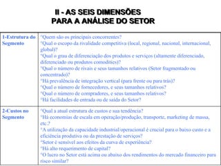 II - AS SEIS DIMENSÕES
PARA A ANÁLISE DO SETOR
1-Estrutura do
Segmento
Quem são os principais concorrentes?
Qual o escopo da rivalidade competitiva (local, regional, nacional, internacional,
global)?
Qual o grau de diferenciação dos produtos e serviços (altamente diferenciado,
diferenciado ou produtos comodities)?
Qual o número de rivais e seus tamanhos relativos (Setor fragmentado ou
concentrado)?
Há prevalência de integração vertical (para frente ou para trás)?
Qual o número de fornecedores, e seus tamanhos relativos?
Qual o número de compradores, e seus tamanhos relativos?
Há facilidades de entrada ou de saída do Setor?
2-Custos no
Segmento
Qual a atual estrutura de custos e sua tendência?
Há economias de escala em operação/produção, transporte, marketing de massa,
etc.?
A utilização da capacidade industrial/operacional é crucial para o baixo custo e a
eficiência produtiva ou da prestação de serviços?
Setor é sensível aos efeitos da curva de experiência?
Há alto requerimento de capital?
O lucro no Setor está acima ou abaixo dos rendimentos do mercado financeiro para
risco similar?
 