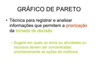 GRÁFICO DE PARETO
• Técnica para registrar e analisar
informações que permitem a priorização
da tomada de decisão
– Sugere em quais os erros ou atividades ou
recursos devem ser concentradas
prioritariamente as ações de melhoria
 