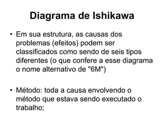 Diagrama de Ishikawa
• Em sua estrutura, as causas dos
problemas (efeitos) podem ser
classificados como sendo de seis tipos
diferentes (o que confere a esse diagrama
o nome alternativo de "6M")
• Método: toda a causa envolvendo o
método que estava sendo executado o
trabalho;
 