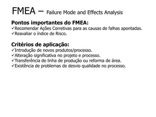 FMEA – Failure Mode and Effects Analysis
Pontos importantes do FMEA:
Recomendar Ações Corretivas para as causas de falhas apontadas.
Reavaliar o índice de Risco.
Critérios de aplicação:
Introdução de novos produtos/processo.
Alteração significativa no projeto e processo.
Transferência de linha de produção ou reforma de área.
Existência de problemas de desvio qualidade no processo.
 