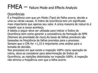 FMEA – Failure Mode and Effects Analysis
Ocorrências
É a freqüência com que um Modo (Tipo) de Falha ocorre, devido a
uma ou várias causas. O índice de ocorrência tem um significado
mais importante que apenas seu valor. A única maneira de reduzi-lo é
impedir que a causa aconteça.
A tabela a seguir deve ser utilizada para indicar o Índice de
Ocorrência bem como garantir a consistência da formação do RPN
(Número de prioridade de risco).As taxas de falhas prováveis são
baseadas na freqüência de falhas previstas para o processo.
Sempre que o CPk for <1,33 é importante uma análise para a
tomada de decisão.
Nos processos em que existe a inspeção 100% como operação de
rotina, deve-se considerar para determinação do Índice de
Ocorrência, as rejeições detectadas na inspeção 100%. A inspeção
não diminui a freqüência com que a falha ocorre.
 