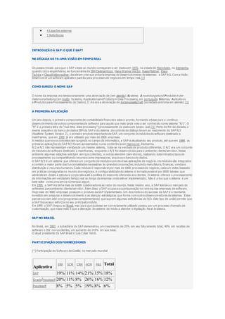  4 Ligações externas
 5 Referências
INTRODUÇÃO À SAP:O QUE É SAP?
NA DÉCADA DE 70:UMA VISÃO EM TEMPO REAL
Os passos iniciais para que o SAP viesse ao mundo começaram a ser dados em 1972, na cidade de Mannheim, na Alemanha,
quando cinco engenheiros, ex-funcionários da IBM DietmarHopp, Hans-Werner Hector, HassoPlattner, Klaus
Tschira e ClausWellenreuther, decidiram criar sua própria empresa de desenvolvimento de sistemas: a SAP AG. Com a Visão:
desenvolver um software aplicativo padrão para processos de negócios em tempo real.[1]
COMO SURGIU O NOME SAP
O nome da empresa era temporariamente uma abreviação de (em alemão) Systeme, Anwendungenund Produkte in der
Datenverarbeitung (em inglês: Systems, ApplicationsandProducts in Data Processing, em português: Sistemas, Aplicativos
e Produtos para Processamento de Dados). O AG era a abreviação de Aktiengesellschaft (sociedade anônima em alemão).[1]
A PRIMEIRA APLICAÇÃO
Um ano depois, o primeiro componente de contabilidade financeira estava pronto, formando a base para o contínuo
desenvolvimento de outros componentes de software para aquilo que mais tarde veio a ser conhecido como sistema “R/1”. O
“R” é a primeira letra de “real-time data processing” (processamento de dados em tempo real).[1] Perto do fim da década, o
exame exaustivo do banco de dados IBM da SAP e do sistema de controle de diálogo levam ao nascimento do SAP R/2
(Realtime System Version 2), o primeiro produto importante da SAP, um conjunto de módulos de software destinado a
mainframes, que em 1995 já era utilizado por mais de 2000 empresas.
A medida que novos conceitos iam surgindo no campo da informática, a SAP ia atualizando seu produto, até que em 1989, as
primeiras aplicações do SAP R/3 foram apresentadas numa conferência em Hannover, Alemanha.
R/2 e R/3 não representam versões de um mesmo sistema, trata-se na verdade de produtos diferentes. O R/2 era um conjunto
de módulos de software destinado a mainframes, enquanto o R/3 foi desenvolvido para o ambiente cliente/servidor. Nesse
ambiente algumas estações solicitam serviços (clientes), e outras atendem (servidores), realizando determinados tipos de
processamento ou compartilhando recursos como impressoras, arquivos e bancos de dados.
O SAP R/3 é um sistema que oferece um conjunto de módulos com diversas aplicações de negócio. Os módulos são integrados
e contém a maior parte das funcionalidades necessárias às grandes corporações, incluindo manufatura, finanças, vendas e
distribuição e recursos humanos. Cada módulo é responsável por mais de 1000 processos de negócio, cada um deles baseado
em práticas consagradas no mundo dos negócios. A configurabilidade do sistema é tornada possível por 8000 tabelas que
administram desde a estrutura corporativa até a política de desconto oferecida aos clientes. O sistema oferece o processamento
de informações em verdadeiro tempo real ao longo da empresa onde estiver implementado. Não é a toa que o sistema é um
best-seller como provam os números a seguir.
Em 1995, a SAP AG tinha mais de 6.600 colaboradores ao redor do mundo. Neste mesmo ano, a SAP liderava o mercado de
softwares para ambiente cliente/servidor. Além disso a SAP ocupava a quinta posição no ranking das empresas de software.
Hoje mais de 4000 empresas possuem o produto da SAP implementado. Um dos motivos do sucesso da SAP é o montante
investido em pesquisa e desenvolvimento e as alianças estratégicas que forma com outros desenvolvedores de sistemas. Estes
parceiros criam add-ons (programas complementares) que suprem algumas deficiências do R/3. Este tipo de união permite que
a SAP foque seus esforços no seu principal produto.
Em 1995 o SAP chegou ao Brasil, mas para que pudesse ser correctamente utilizado passou por um processo chamado de
customização, que nada mais é que a alteração do sistema de modo a atender a legislação fiscal brasileira.
SAP NO BRASIL
No Brasil, em 2007, a subsidiária da SAP demonstrou um crescimento de 25% em seu faturamento total, 40% em receitas de
software e 352 novos clientes, um aumento de 143% em sua base.
O atual presidente da SAP Brasil é Luís César Verdi.
PARTICIPAÇÃO DOS FORNECEDORES
(*) Participação de Software de Gestão no mercado mundial
Aplicativo
ERP SCM CRM HCM P&S Total
SAP 19% 11% 14% 21% 15% 18%
Oracle/Peoplesoft 20% 11% 8% 26% 16% 12%
Peoplesoft 8% 5% 5% 19% 8% 6%
 