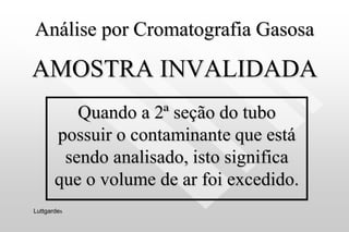 Análise por Cromatografia Gasosa
AMOSTRA INVALIDADA
Quando a 2ª seção do tubo
possuir o contaminante que está
sendo analisado, isto significa
que o volume de ar foi excedido.
Luttgardes
 