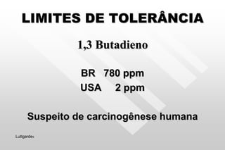 LIMITES DE TOLERÂNCIA
1,3 Butadieno
BR 780 ppm
USA 2 ppm
Suspeito de carcinogênese humana
Luttgardes
 