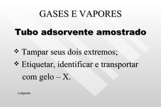 GASES E VAPORES Tubo adsorvente amostrado Tampar seus dois extremos; Etiquetar, identificar e transportar com gelo – X. Luttgarde s 