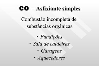 CO  – Asfixiante simples   Combustão incompleta de  substâncias orgânicas Fundições Sala de caldeiras Garagens Aquecedores 