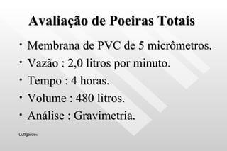 Avaliação de Poeiras Totais Membrana de PVC de 5 micrômetros. Vazão : 2,0 litros por minuto. Tempo : 4 horas. Volume : 480 litros. Análise : Gravimetria. Luttgarde s 