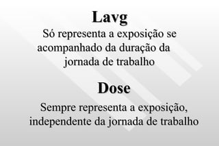 Lavg Só representa a exposição se acompanhado da duração da  jornada de trabalho Dose Sempre representa a exposição, independente da jornada de trabalho 