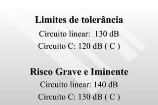 Limites de tolerância Circuito linear:  130 dB Circuito C: 120 dB ( C ) Risco Grave e Iminente Circuito linear: 140 dB Circuito C: 130 dB ( C ) 