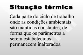 Situação térmica Cada parte do ciclo de trabalho onde as condições ambientais são mantidas constantes, de forma que os parâmetros a serem estabelecidos permanecem inalterados. 