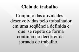 Ciclo de trabalho Conjunto das atividades desenvolvidas pelo trabalhador em uma seqüência definida e que  se repete de forma contínua no decorrer da  jornada de trabalho.   