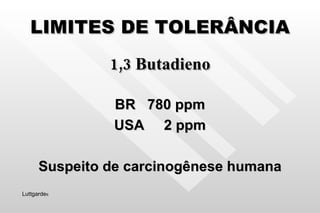 LIMITES DE TOLERÂNCIA 1,3 Butadieno BR  780 ppm USA  2 ppm Suspeito de carcinogênese humana Luttgarde s 