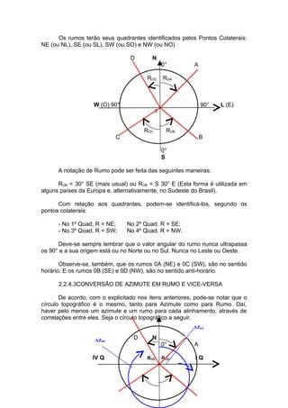 Os rumos terão seus quadrantes identificados pelos Pontos Colaterais:
NE (ou NL), SE (ou SL), SW (ou SO) e NW (ou NO)

                                 D       N
                                                0°       A

                                       ROD      ROA



                   W (O) 90°                                 90°   L (E)
                                            0



                                      ROC        ROB
                           C                                 B

                                                0°
                                                S

      A notação de Rumo pode ser feita das seguintes maneiras:

      ROB = 30° SE (mais usual) ou ROB = S 30° E (Esta forma é utilizada em
alguns países da Europa e, alternativamente, no Sudeste do Brasil).

      Com relação aos quadrantes, podem-se identificá-los, segundo os
pontos colaterais:

      - No 1º Quad, R = NE;     No 2º Quad. R = SE;
      - No 3º Quad. R = SW;     No 4º Quad. R = NW.

      Deve-se sempre lembrar que o valor angular do rumo nunca ultrapassa
os 90° e a sua origem está ou no Norte ou no Sul. Nunca no Leste ou Oeste.

       Observe-se, também, que os rumos 0A (NE) e 0C (SW), são no sentido
horário. E os rumos 0B (SE) e 0D (NW), são no sentido anti-horário.

      2.2.4.3CONVERSÃO DE AZIMUTE EM RUMO E VICE-VERSA

       De acordo, com o explicitado nos itens anteriores, pode-se notar que o
círculo topográfico é o mesmo, tanto para Azimute como para Rumo. Daí,
haver pelo menos um azimute e um rumo para cada alinhamento, através de
correlações entre eles. Seja o círculo topográfico a seguir.
                                                         AZ0A

                    AZ0D          D      N
                                                0°       A

                   IV Q                ROD      ROA      IQ
 