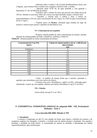 - Adicionar sobre o resíduo 2 mL de ácido fenoldissulfonico atritar com
      a bagueta , para misturar bem o resíduo com o reagente e dissolver todo o resíduo;
                                 - Adicionar então 10-20 mL de água destilada e, com agitação e
      lentamente, 6-7 mL de hidróxido de amônio
                                 - Transferir todo o volume frio para uma proveta com tampa de p.p de
      100 mL, filtranto se necessário, diluir até a marca com água destilada, tampar e misturar bem;
                                 - Transferir a solução para a cubeta e fazer a leitura no
      espectrofotômetro a 410 nm ( para concentrações de até 2 mg/L) ou a 480 nm (para concentrações
      de até 12 mg/L);
                                 - Preparar prova em Branco, utilizando água estilada em lugar da
      amostra e utilizá-la para ajustar o aparelho em absorbância zero.


                               VI - Construção da curva-padrão

                               - Preparar soluções-padrão de várias concentrações de nitratos, fazendo
     diluições da solução-padrão em balão volumétrico, conforme a Tabela 01.
Tabela 01 - Soluções-padrão de várias concentrações de nitratos.

         Concentração de N em NO3                  Volume de solução padrão a elevar a 100 ml com
                  (mg/L)                                           água destilada
                                                                        (ml)
                  0 (branco)                                              0
                     0,02                                                1,0
                     0,05                                                2,5
                     0,10                                                5,0
                     0,14                                                7,0
                     0,20                                               10,0
                     0,30                                               15,0
                     0,40                                               20,0
                     0,50                                               25,0
                     0,60                                               30,0
                     0,80                                               40,0
                     1,00                                               50,0

                                - Tratar os padrões da mesma forma que a amostra, ajustando o
      aparelho para absorbância zero com a prova em branco.
                                - Construir uma curva Absorbância x mgN/L em NO 3, utilizando papel
      milimetrado. A partir da curva-padrão, elaborar uma tabela (Absorbância x mg N /L em NO 3).

                               VII - Cálculos

                               Leitura direta em (mg N /L em NO3-).




     5A. EXPERIÊNCIA: NITROGÊNIO AMONIACAL adaptado 4500 – NH3. B (Standard
                               Methods) – Parte 3

                                Curva Inserida DR-2000; Método nº 953

        1 - Introdução:
        A amostra é tamponada em pH 9,5 com tampão de borato para reduzir a hidrólise de cianatos e de
compostos orgânicos de nitrogênio, e permitir a evolução total de amônia durante a destilação. Em seguida é
destilada e recolhida em ácido bórico. A concentração de amônia no destilado é determinada por análise
espectrofotométrixa, após nesslerização.


                                                                                                           31
 