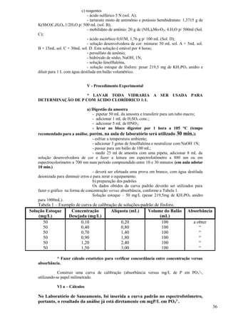 c) reagentes
                                 - ácido sulfúrico 5 N (sol. A);
                                 - tartarato misto de antimônio e potássio hemihidratato: 1,3715 g de
    K(SbO)C4H4O6.1/2H2O p/ 500 mL (sol. B);
                                 - mobilidato de amônio: 20 g de (NH4)6Mo7O24 .4.H2O p/ 500ml (Sol.
    C);
                                 - ácido ascórbico 0,01M, 1,76 g p/ 100 mL (Sol. D);
                                 - solução desenvolvedora de cor: misturar 50 mL sol. A + 5mL sol.
    B + 15mL sol. C + 30mL sol. D. Esta solução é estável por 4 horas;
                                 - persulfato de amônio;
                                 - hidróxido de sódio, NaOH, 1N,
                                 - solução fenolftaleína,
                                 - solução estoque de fósforo: pesar 219,5 mg de KH 2PO4 anidro e
    diluir para 1 L com água destilada em balão volumétrico.


                                 V - Procedimento Experimental

                       * LAVAR TODA VIDRARIA A SER USADA PARA
    DETERMINAÇÃO DE P COM ÁCIDO CLORÍDRICO 1:1.

                                 a) Digestão da amostra
                                    - pipetar 50 mL da amostra e transferir para um tubo macro;
                                    - adicionar 1 mL de H2SO4 conc.;
                                    - adicionar 5 mL de HNO3;
                                    - levar ao bloco digestor por 1 hora a 105 °C (tempo
    recomendado para a análise, porém, na aula de laboratório será utilizado 30 min.);
                                    - esfriar a temperatura ambiente;
                                    - adicionar 3 gotas de fenolftaleína e neutralizar com NaOH 1N;
                                    - passar para um balão de 100 mL;
                                    - medir 25 ml de amostra com uma pipeta, adicionar 8 mL da
    solução desenvolvedora de cor e fazer a leitura em espectrofotômetro a 880 nm ou em
    espectrocolorímetro a 700 nm num período compreendido entre 10 e 30 minutos (em aula adotar
    10 min.)
                                    - deverá ser efetuada uma prova em branco, com água destilada
    deionizada para diminuir erros e para zerar o equipamento.
                                    b) preparação dos padrões
                                    Os dados obtidos da curva padrão deverão ser utilizados para
    fazer o gráfico na forma de concentração versus absorbância, conforme a Tabela 1.
                                    Solução estoque – 50 mg/L (pesar 219,5mg de KH 2PO4 anidro
    para 1000mL).
    Tabela 1 – Exemplo de curva de calibração de soluções-padrão de fósforo.
Solução Estoque     Concentração          Alíquota (mL)      Volume do Balão               Absorbância
    (mg/L)         Desejada (mg/L)                                  (mL)
      50                  0,10                 0,20                  100                       a obter
      50                  0,40                 0,80                  100                          “
      50                  0,70                 1,40                  100                          “
      50                  0,90                 1,80                  100                          “
      50                  1,20                 2,40                  100                          “
      50                  1,50                 3,00                  100                          “

              * Fazer cálculo estatístico para verificar concordância entre concentração versus
    absorbância.

                Construir uma curva de calibração (absorbância versus mg/L de P em PO 43-,
    utilizando-se papel milimetrado.

               VI a – Cálculos

    No Laboratório de Saneamento, foi inserida a curva padrão no espectrofotômetro,
    portanto, o resultado da análise já está diretamente em mgP/L em PO43-.
                                                                                                         36
 