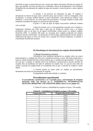 dissolvido na água se aproximará de zero a menos que algum mecanismo eficiente de aeração da
água seja operado, tal como um fluxo de ar turbulento, através de bombeamento. Este fenômeno
de depleção da concentração de oxigênio na água tem causado a morte de peixes e outras espécies
aquáticas.

                            A aeração é um processo de tratamento de água. O oxigênio é
introduzido no interior da água como o primeiro passo para remover o ferro ou manganês, antes
da filtração. A areação também diminui os gases dissolvidos, como dióxido de carbono e gás
sulfídrico, a níveis tratáveis, em certas águas de reservatórios. A aeração também é usada como
tratamento secundário de esgotos no processo de lodos ativados.
                            O gosto e o odor da água de alguns reservatórios melhoram também
com a aeração.
                            A água em contato com o ar fica geralmente saturada com o oxigênio, a
temperatura ambiente, por outro lado a água que foi isolada do contato com o ar (águas
profundas) como as de poço ou de lagoas estratificadas contém pouco ou nenhum oxigênio
dissolvido (OD). O conteúdo OD pode ser acrescido pelo oxigênio produzido por plantas
aquáticas durcnte a fotossíntese. Um decréscimo no OD da água superficial pode ocorrer quando a
temperatura das águas se eleva, de acordo com a equação de Clausius-Clapeyron, ou quando a
concentração de poluentes aumenta.




                         II) Metodologia de determinação do oxigênio dissolvido(OD)

                          A) Método Eletrométrico (oxímetro)
                          Utilizando-se uma membrana permeável ao oxigênio sobre um sensor
potenciométrico, o oxigênio que atravessa a membrana encontra o sensor sob tensão polarizante, e
reage no cátodo fazendo fluir uma corrente elétrica que é a medida num galvanomêtro. A força que
faz com que o oxigênio se difunda através da membrana é proporcional à pressão absoluta do
oxigênio fora da membrana (do lado do ambiente em estudo) uma vez que do outro lado (no
sensor) a pressão do oxigênio pode ser considerado nula já que o consumo de oxigênio é muito
rápido.
                          A corrente gerada no sensor pode ser medida, no galvanômetro,
diretamente em termos de concentração de oxigênio.
                          O equipamento usado neste método é o oxímetro.

                         Procedimento experimental
         O procedimento experimental a ser executado para a determinação do Oxigênio
         Dissolvido (OD) está descrito na 2 a. EXPERIÊNCIA: DETERMINAÇÃO
         DEMANDA BIOQUÍMICA DE OXIGÊNIO (DBO 5) (Parte 2) (ver página 16).

                         A Tabela 01 mostra a solubilidade do oxigênio em água a 760 mmHg.

                        Tabela 01 - Solubilidade do Oxigênio em água a 760 mmHg.
                        Temperatura (ºC)              Oxigênio Dissolvido (mg/L)
                               1                                 14,62
                               2                                 14,63
                               3                                 13,84
                               4                                 13,13
                               5                                 12,80
                               6                                 12,48
                               7                                 12,17
                               8                                 11,87
                               9                                 11,59
                              10                                 11,33
                              11                                 11,08
                              12                                 10,83
                              13                                 10,60
                              14                                 10,37
                                                                                                    9
 