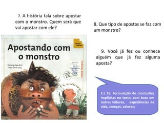 7. A história fala sobre apostar 
com o monstro. Quem será que 
vai apostar com ele? 
8. Que tipo de apostas se faz com 
um monstro? 
9. Você já fez ou conhece 
alguém que já fez alguma 
aposta? 
E.L 16. Formulação de conclusões 
implícitas no texto, com base em 
outras leituras, experiências de 
vida, crenças, valores; 
 