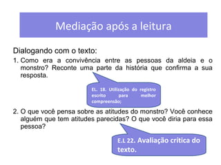 Mediação após a leitura 
Dialogando com o texto: 
1. Como era a convivência entre as pessoas da aldeia e o 
monstro? Reconte uma parte da história que confirma a sua 
resposta. 
EL. 18. Utilização do registro 
escrito para melhor 
compreensão; 
2. O que você pensa sobre as atitudes do monstro? Você conhece 
alguém que tem atitudes parecidas? O que você diria para essa 
pessoa? 
E.L 22. Avaliação crítica do 
texto. 
 
