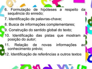 6. Formulação de hipóteses a respeito da 
sequência do enredo; 
7. Identificação de palavras-chave; 
8. Busca de informações complementares; 
9. Construção do sentido global do texto; 
10. Identificação das pistas que mostram a 
posição do autor; 
11. Relação de novas informações ao 
conhecimento prévio; 
12. Identificação de referências a outros textos 
 