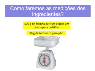 Como faremos as medições dos 
ingredientes? 
500 g de farinha de trigo e mais um 
pouco para polvilhar 
50 g de fermento para pão 
 