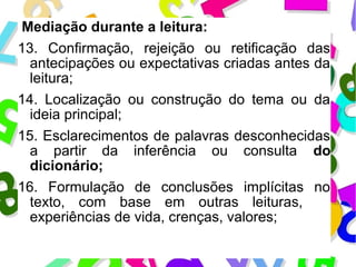 Mediação durante a leitura: 
13. Confirmação, rejeição ou retificação das 
antecipações ou expectativas criadas antes da 
leitura; 
14. Localização ou construção do tema ou da 
ideia principal; 
15. Esclarecimentos de palavras desconhecidas 
a partir da inferência ou consulta do 
dicionário; 
16. Formulação de conclusões implícitas no 
texto, com base em outras leituras, 
experiências de vida, crenças, valores; 
 